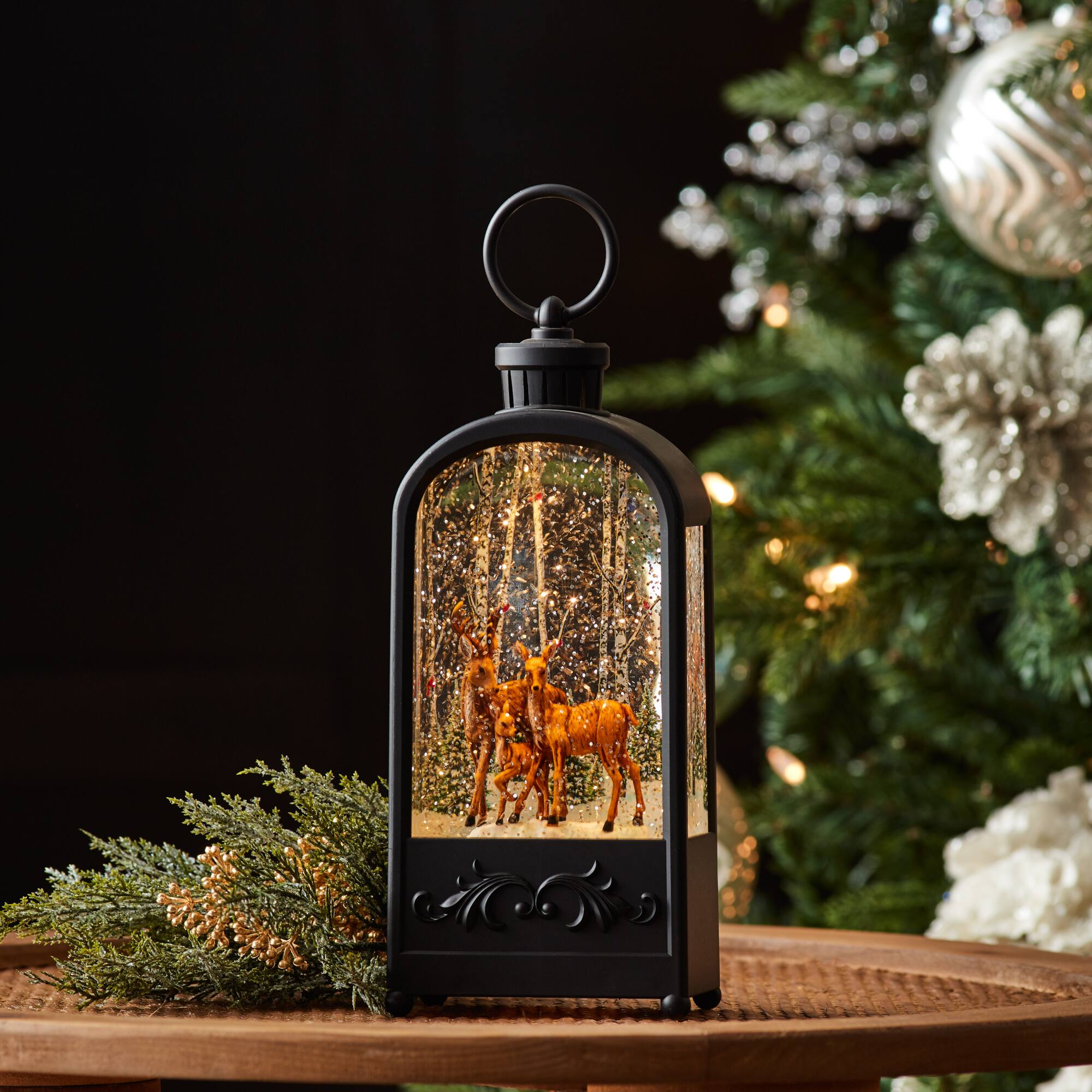 9.5" LED Snow Globe Lantern with Forest Deer